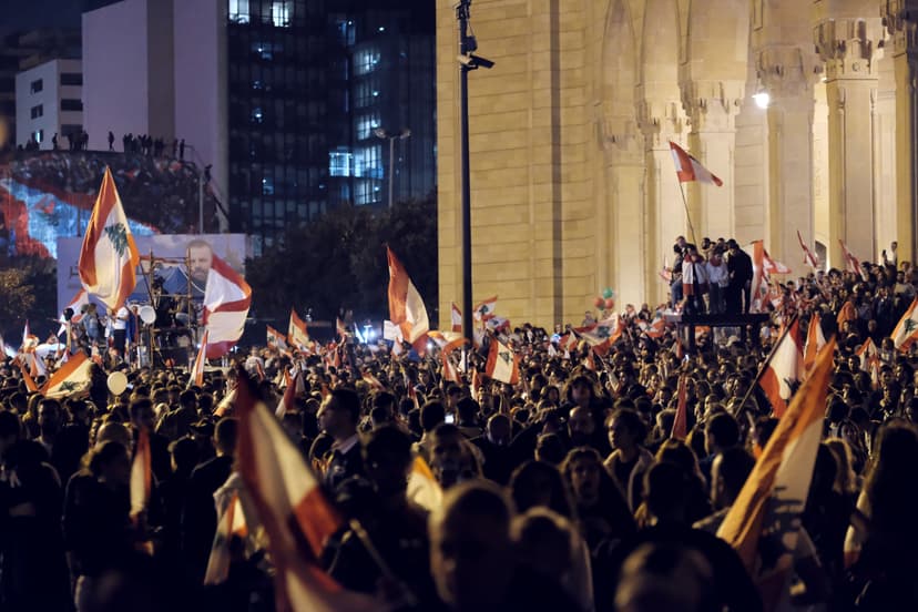Crowds filling Beirut streets with Lebanese flags during the 2019 uprising