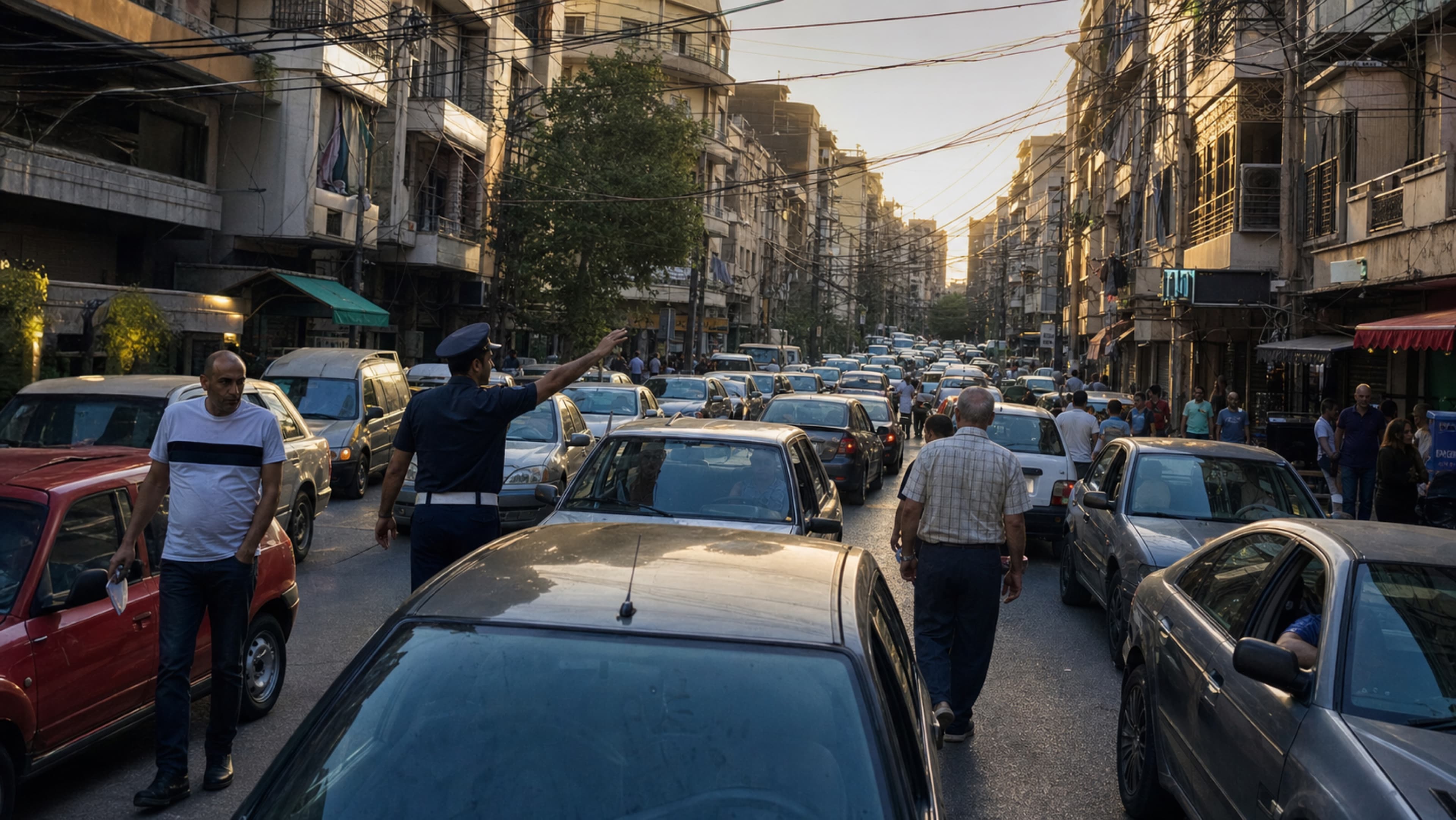A Beirut street locked in traffic under dense electrical wires