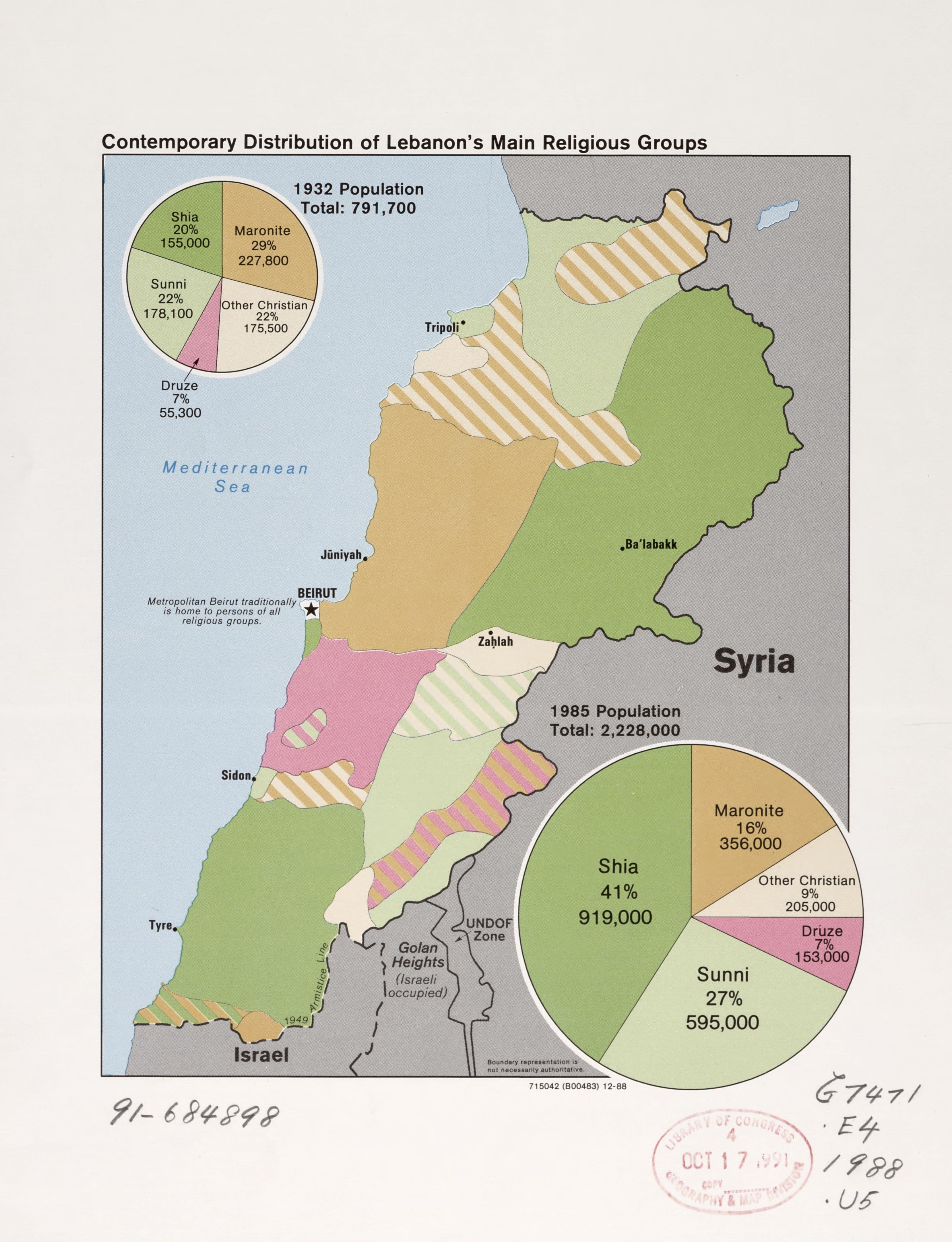 A Library of Congress map showing the distribution of Lebanon's main religious groups