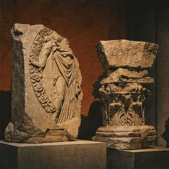 Museum stones and archival objects arranged under soft light.