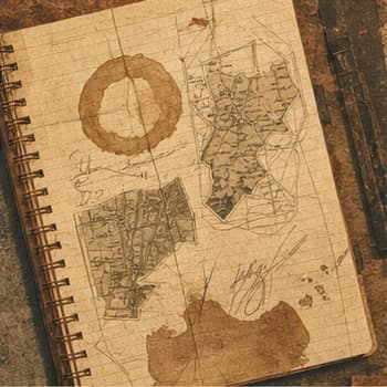 A notebook map with field notes and drawn routes.