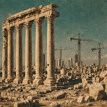 Archaeological stonework near construction cranes.